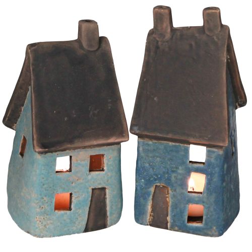 Floristik24 Maison lanterne maison en céramique bleu marron H15,5/17,5cm 2 pcs